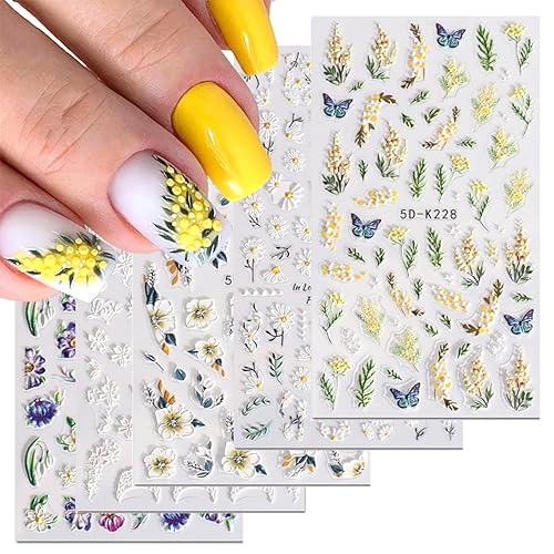 Calcomanías de uñas de flores, calcomanías de uñas de flores 5D, calcomanías de uñas acrílicas en relieve, 6 unidades, margaritas, mariposa, hojas
