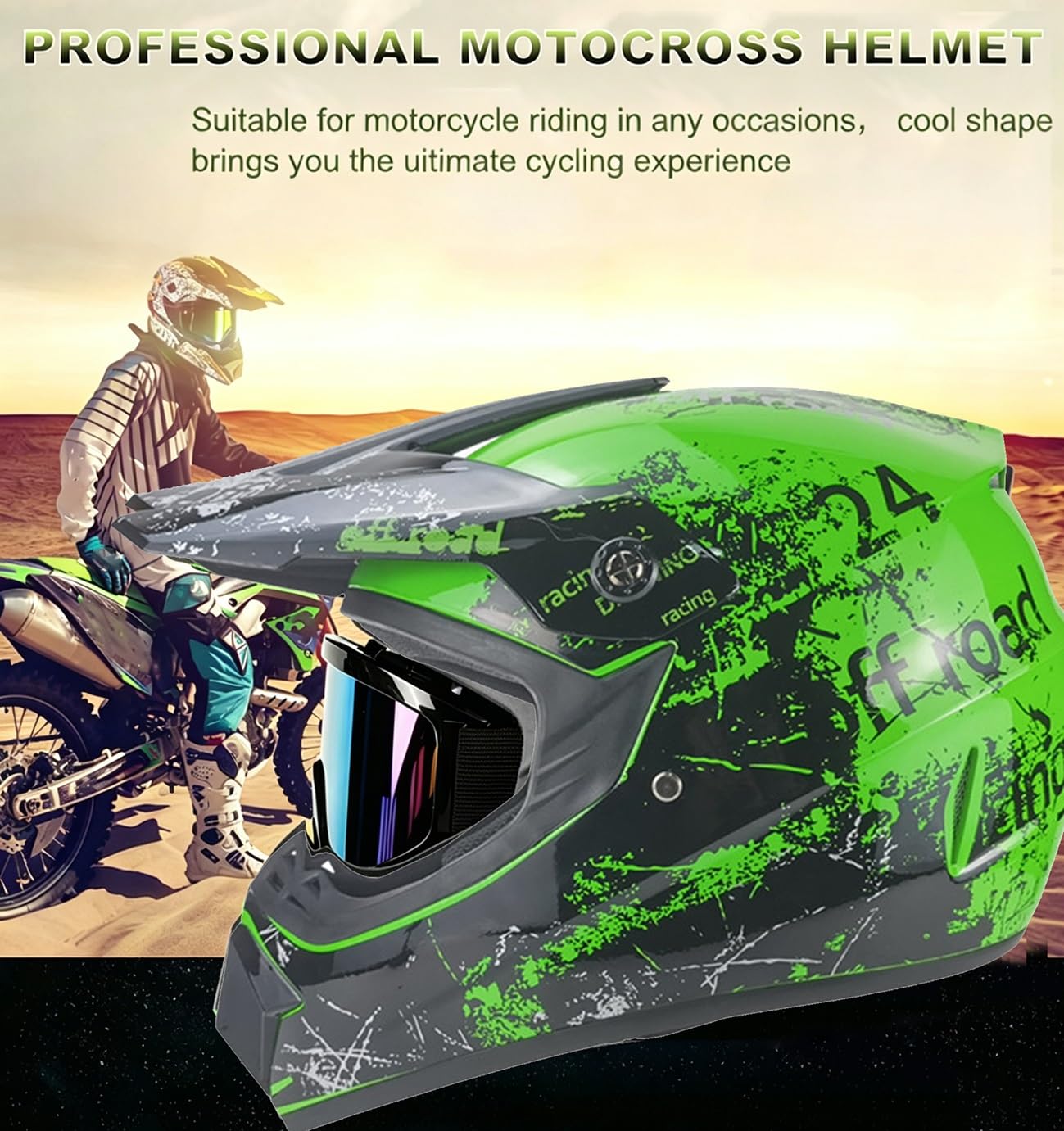Zestaw kasków motocrossowych pełnotwarzowych | Młodzieżowe sporty outdoorowe MTB Off Road Racing Kaski motocyklowe z goglami i rękawiczkami Maska