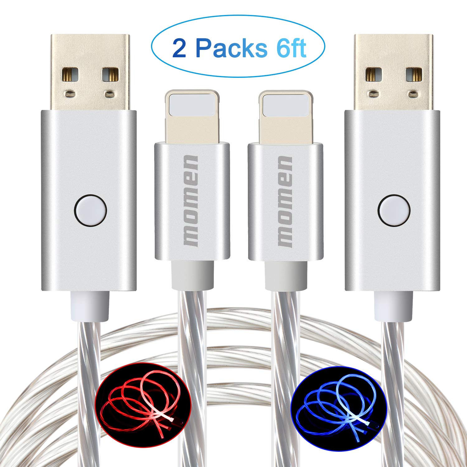 Best Deal Product Light up iPhone Charger Cord Lightning Cable, 6ft Flowing LED Cool USB Charging Cable for iPhone 13/12/11/11 pro/11 pro max/X/8/7 Plus/7/6s/6 Plus, iPod (Red & Blue, 2 Packs)