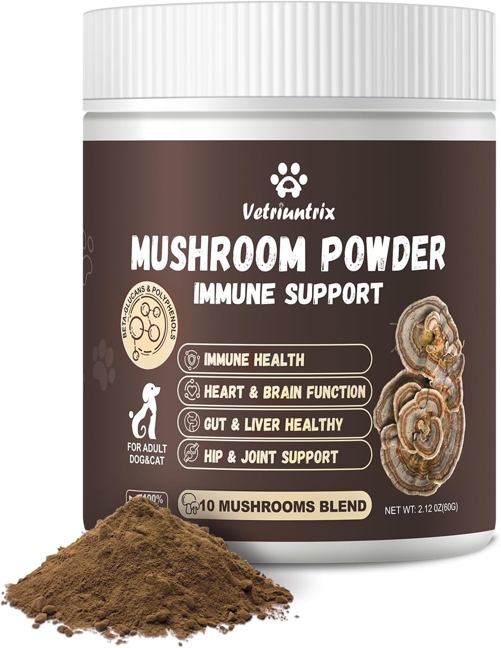 Turkey Tail Mushroom Powder for Dogs, Organic 10 Mushroom Blend for Lipoma Lumps and Bumps, Dog & Cat Herbal Supplements Probiotic with 50% β-Glucan, Joint Gut Immune Skin Support-45 Day Supply