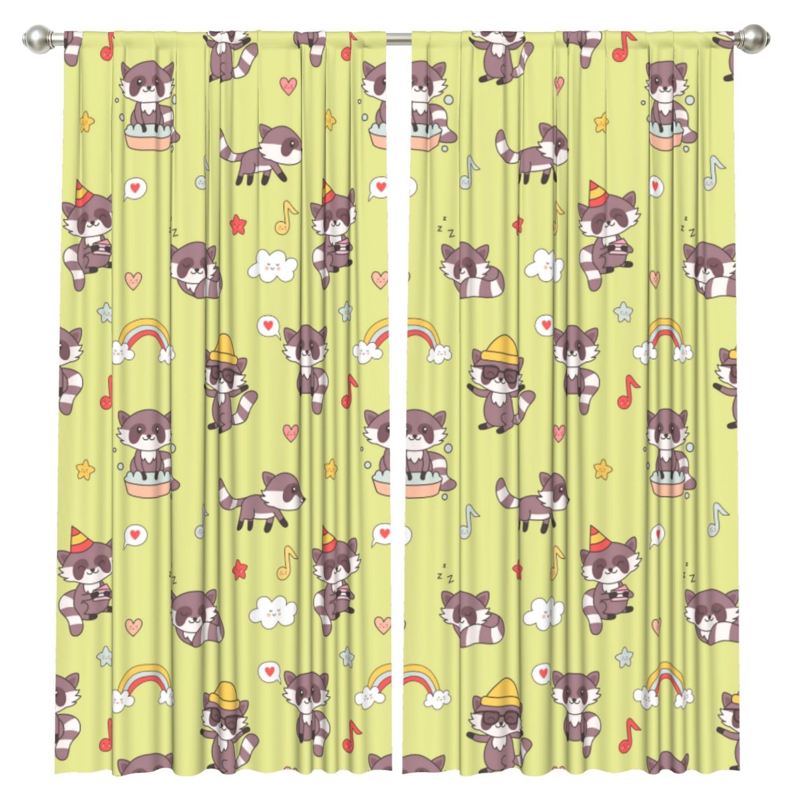 InOmak Kawaii Raccoon Cute, 2 Panels Window Curtains 52 x 84 Inch Blackout Curtains for Living Room Bedroom