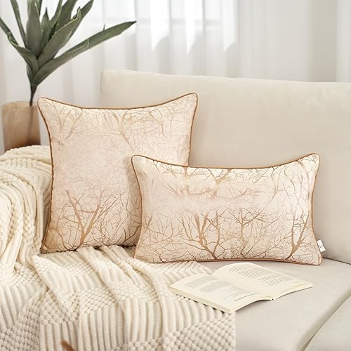 Miniatura 4 de Aeckself Funda de almohada moderna grande de 24 x 24 pulgadas, diseño de ramas de árbol de color beige y marrón, funda de almohada decorativa
