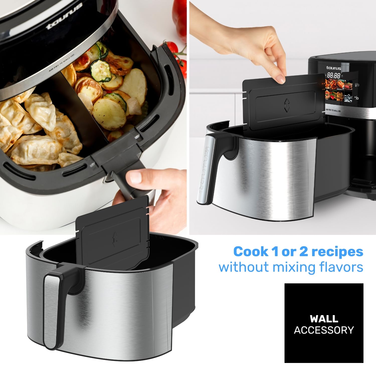 Taurus – Freidora sin Aceite Air Fryer Digital 7S Wall HD, 6,5L, 8 programas, Cocción Uniforme, Pantalla HD, Accesorio Wall, Temperatura Ajustable, Libre BPA y PFOA, Mango frío al Tacto.