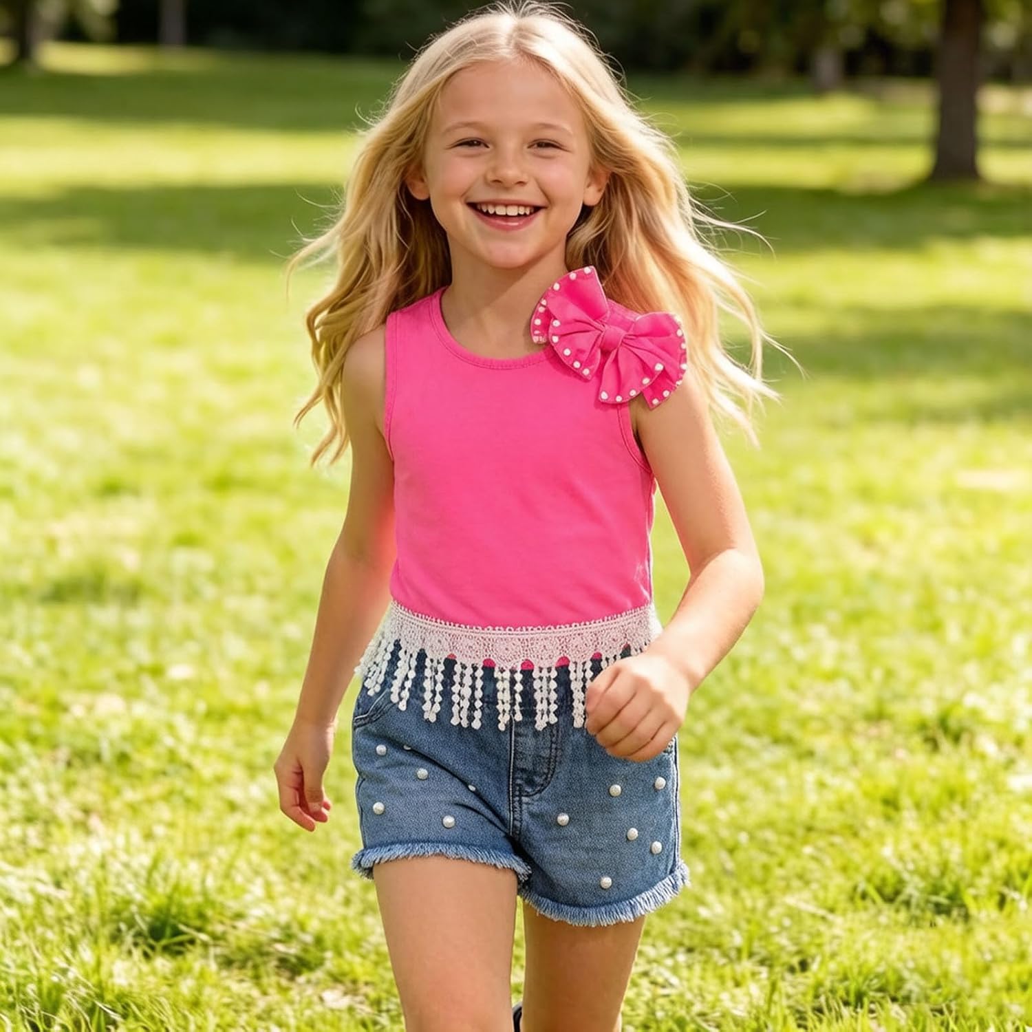 Girls Summer Outfits with Side Bow Rhinestone Sleeveless Tank with Bohemian Tassel Wide Leg Distressed Denim Shorts