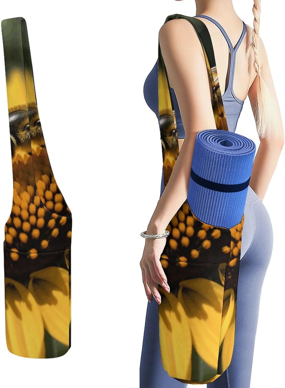 Yoga Mat Organizer, Yellow Flower with Black Bee Print Yoga Mat Bag Gym Mat Bag Canvas Storage Bag Durable Yoga Carrier