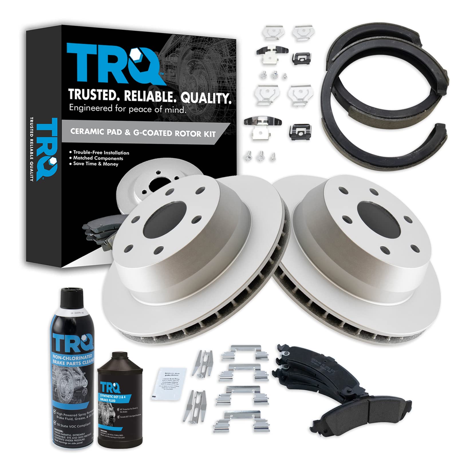 TRQ Rear Brake Pad &amp; Rotor Kit Ceramic Premium G-Coated Compatible with 02-06 Cadillac 00-06 Chevrolet GMC