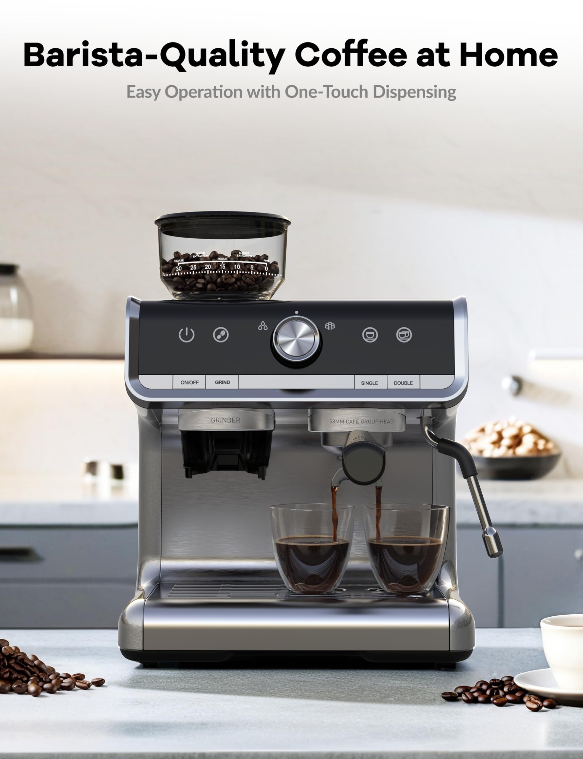 GarveeHome Semi-Automatic Espresso Machine With Grinder, Milk Frother, 20-Bar Pump and 95-Ounce Water Reservoir | Easy to Use, Ideal for Small Families and Offices((Light Gray)