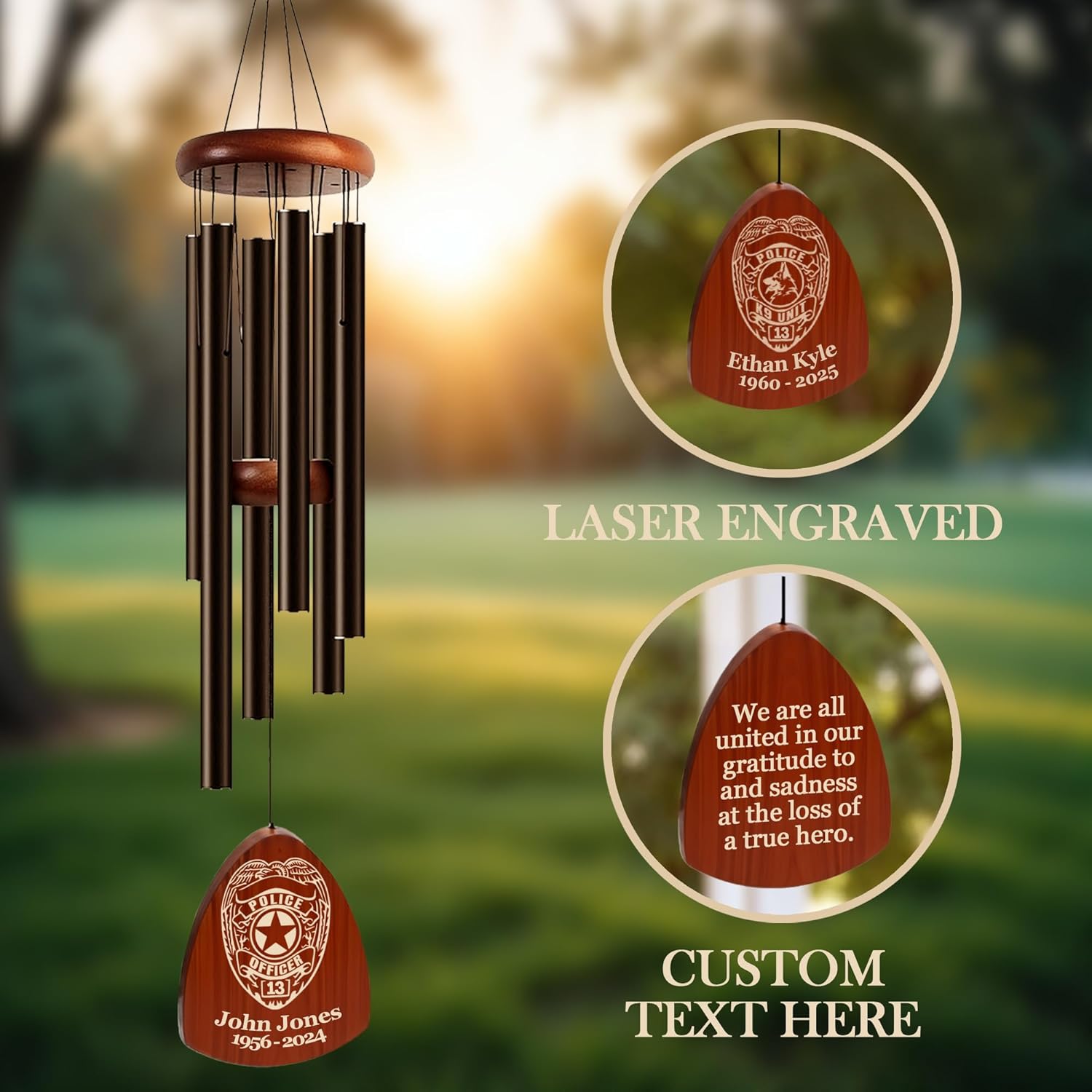 Personalized Policeman Memorial Wind Chimes with Custom Name, Engraved Wind Chimes for Outside for Police Officer, Wooden Engraved Memorial Chime Deep Tone, Personalized Sympathy Gift