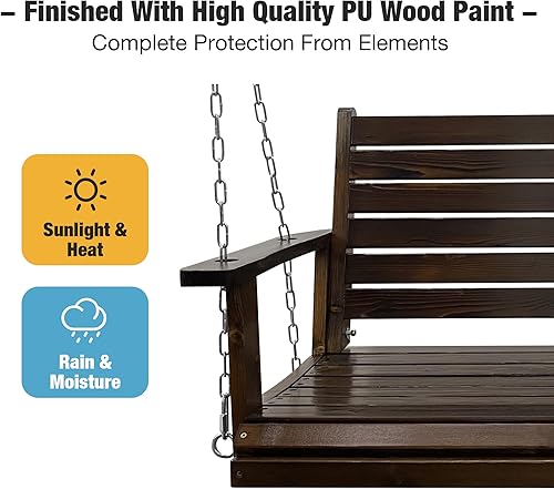 Miniatura 5 de Columpio de madera para porche, asiento ergonómico, columpio de banco con cadenas colgantes y resortes de 0.276 in, resistente, 800 libras, para