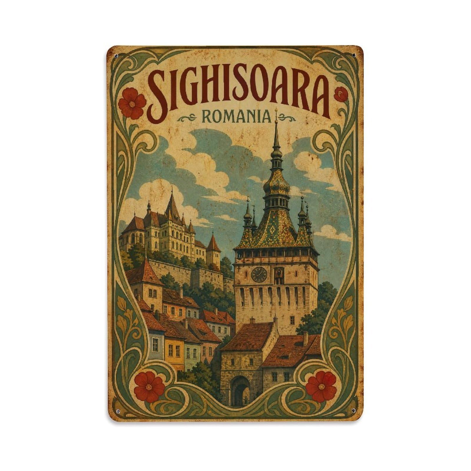 Vintage Travel Romania Sighisoara Metal Tin Sign Plaque Wall Decor for Cafe, Club Bar, Office, Garden Metal Poster 8x12Inch