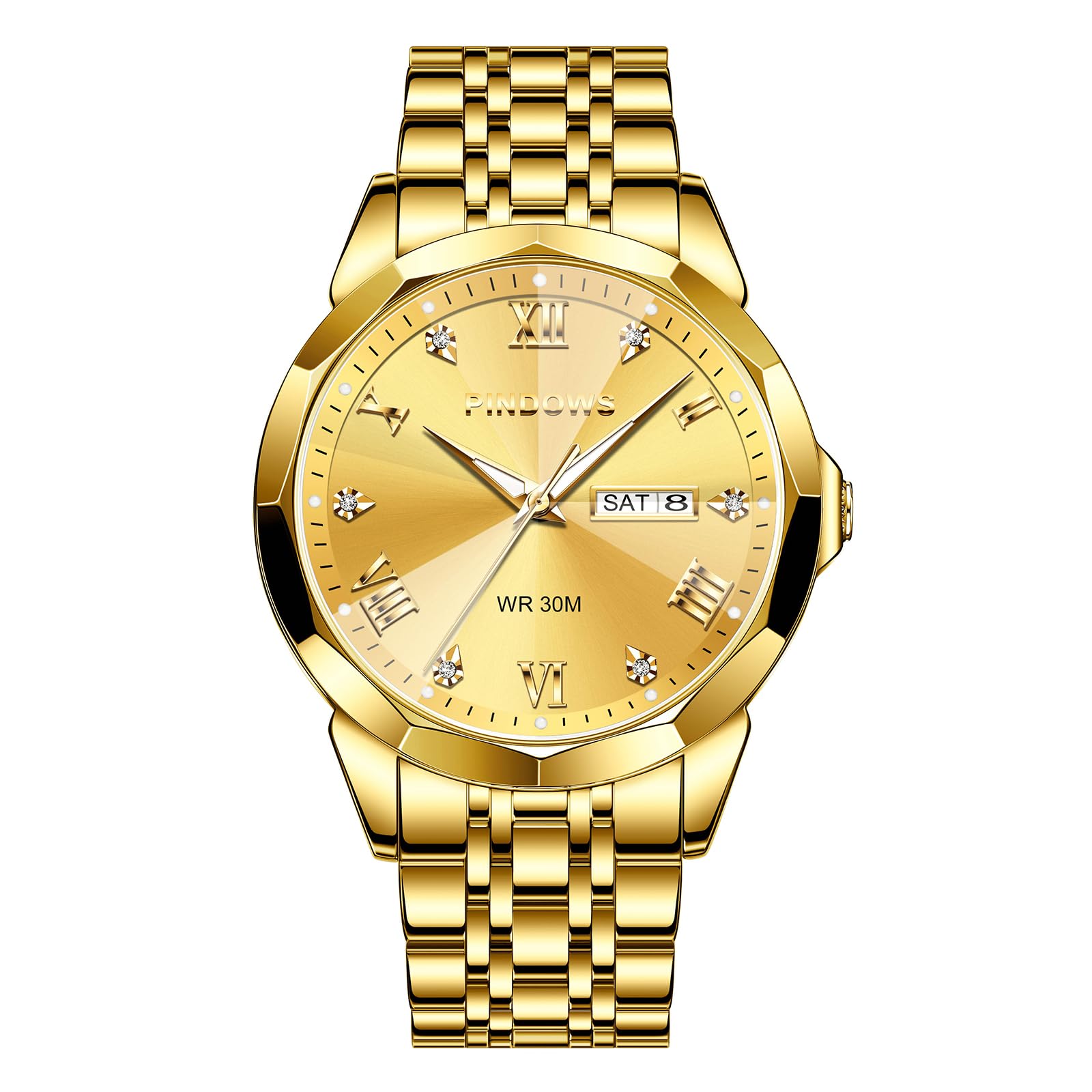 PINDOWS Herrenuhren Luxus Quarz-Analoguhr Datumsanzeige und großem Ziffernblatt wasserdichte modische Business-Armbanduhr Elegante zweifarbige Edelstahl-Klassiker-Herrenuhr mit beleuchtetem Kalender