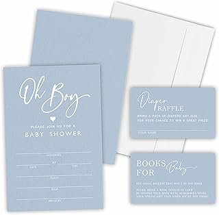 Oh Boy! Baby Shower Invitation Kit, Included Invites With Envelopes, Diaper Raffle Tickets(25 Pcs Each), Book Request Cards For Baby Announcement, Gender Reveal Party Favor And Supplies-A04