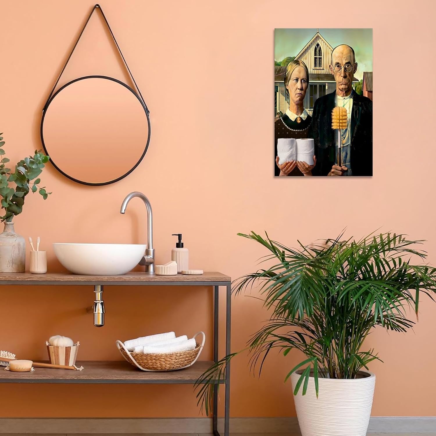 Funny Bathroom Canvas Wall Art Vintage American Gothic Toilet Poster World Famous Masterpiece Modern Home Prints Painting For Restroom Washroom Home Decoration 12x16in Wframed