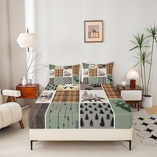 Miniatura 220 de Sábana bajera ajustable de oso de caza, juego de ropa de cama a cuadros de búfalo, sábanas de retazos de cabaña rústica para niños, niños, Multi