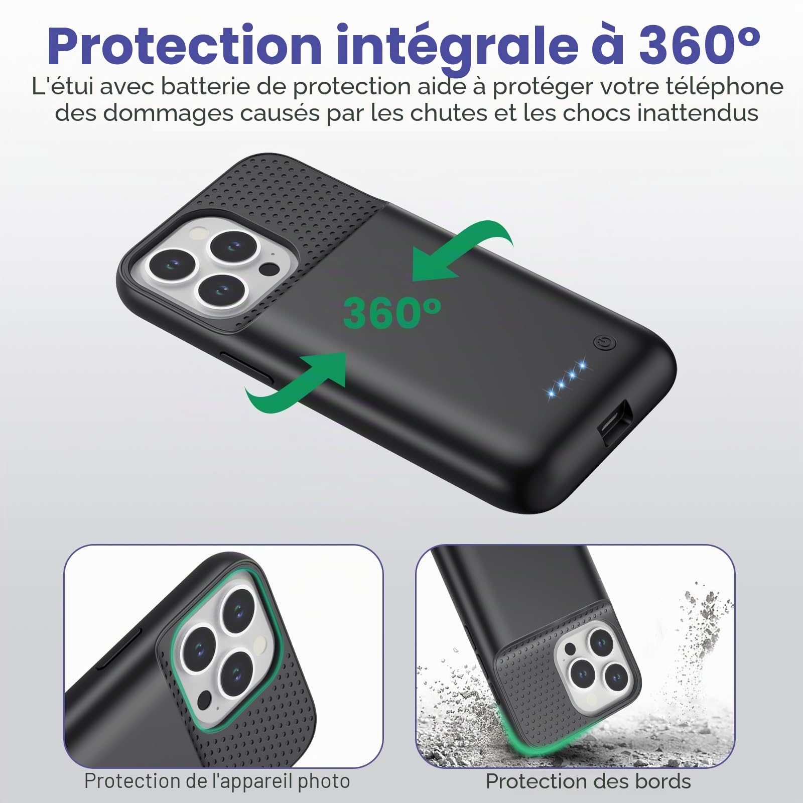 Coque de batterie pour iPhone 14/13/13 Pro (6,1 pouces), 7500 mAh, ultra mince, portable, coque de charge de batterie rechargeable, batterie étendue pour iPhone 14/13/13 Pro (noir)