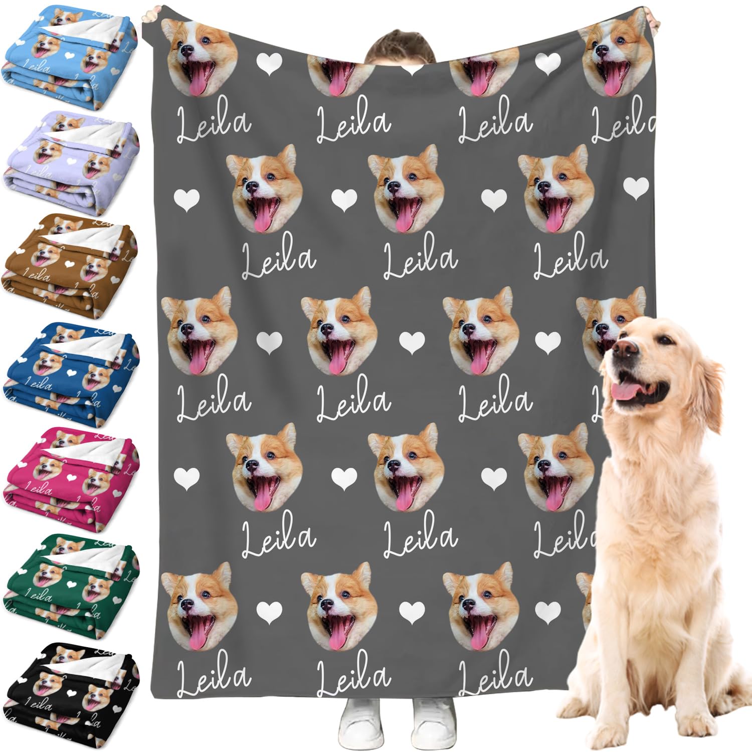 Personalized Dog Blanket with Faces, Custom Pet Name Blankets, Customized Heart Print Blanket for Dogs, Personalized Pet Gifts for Puppy Dog Lovers