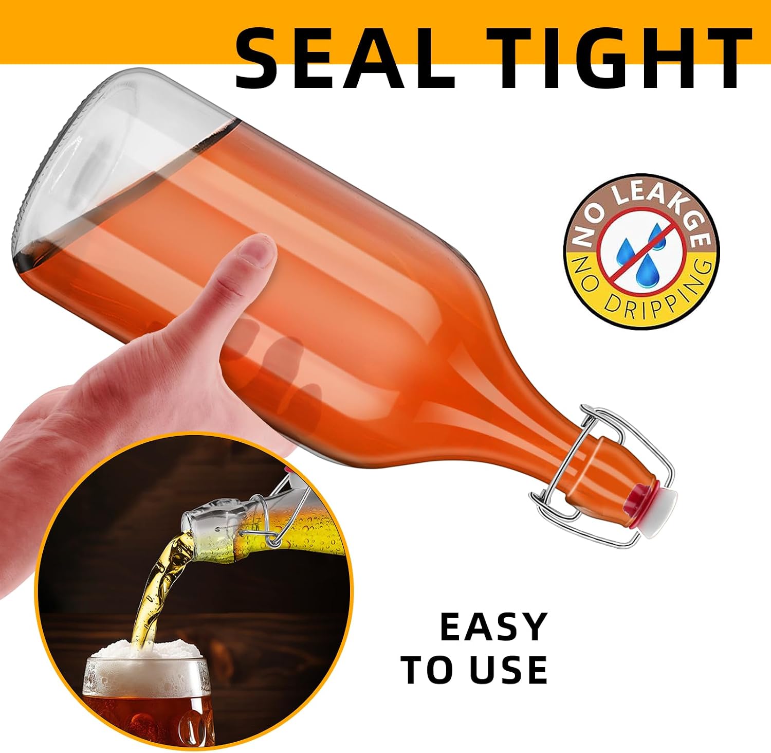 64oz Flip Top Glass Bottle 2 Liter Swing Brewing with Stopper for Beverages, Oil, Vinegar, Kombucha, Beer, Water, Soda, Kefir Airtight Lid & Leak Proof Cap Clear (clear 1 pc)