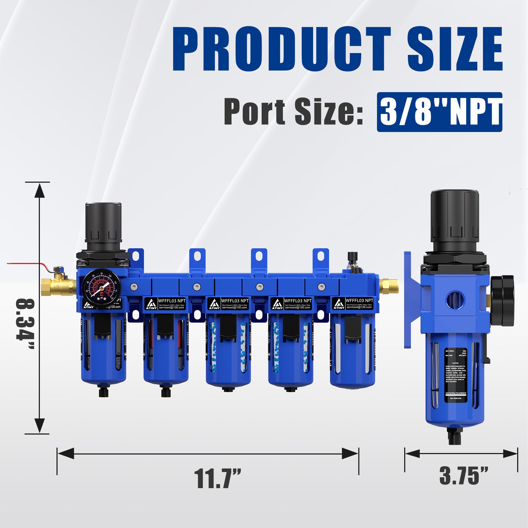 Combo de regulador de filtro de aire de 5 etapas NPT de 3/8 pulgadas, regulador de aire y separador de agua, separador de agua para compresor de aire, azul