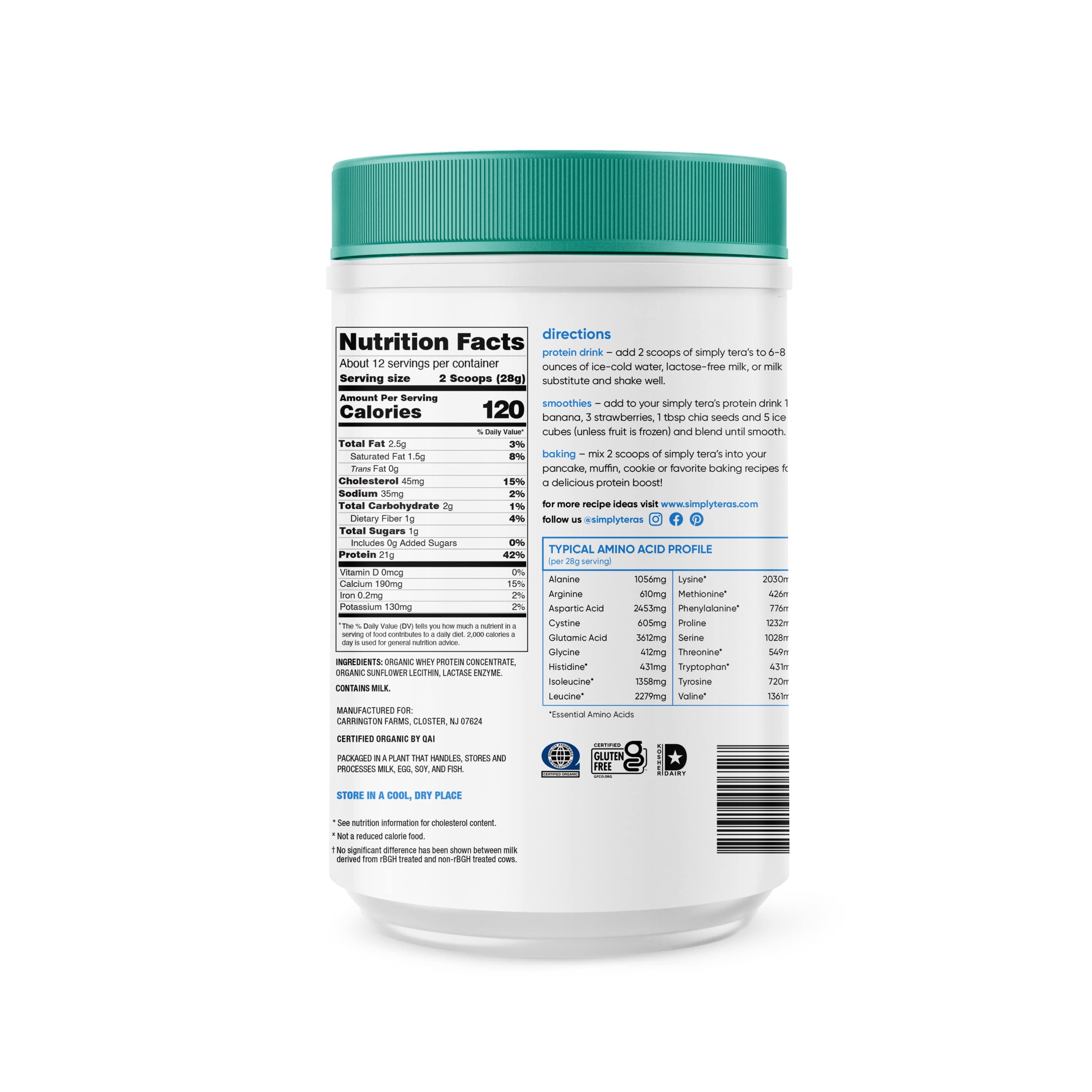 tera's simply organic lactose free whey protein powder plain unsweetened flavor