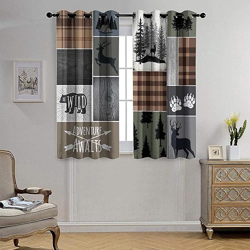 Miniatura 4 de Cortinas opacas retro para oscurecer la habitación con ojales, diseño de casa de campo, granja, caza, vida silvestre, cuadros a cuadros, tratamiento