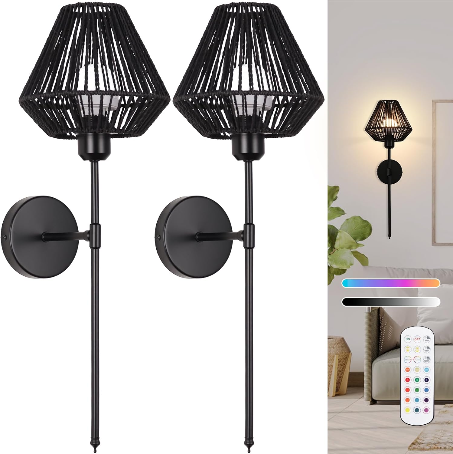 Battery Operated Wall Sconces Set of 2,Rattan Rechargeable Wall Light Dimmable with Remote Control,15 Color Changing and Timer,Boho Wireless Black Wall Lamps for Bedroom,Living Room