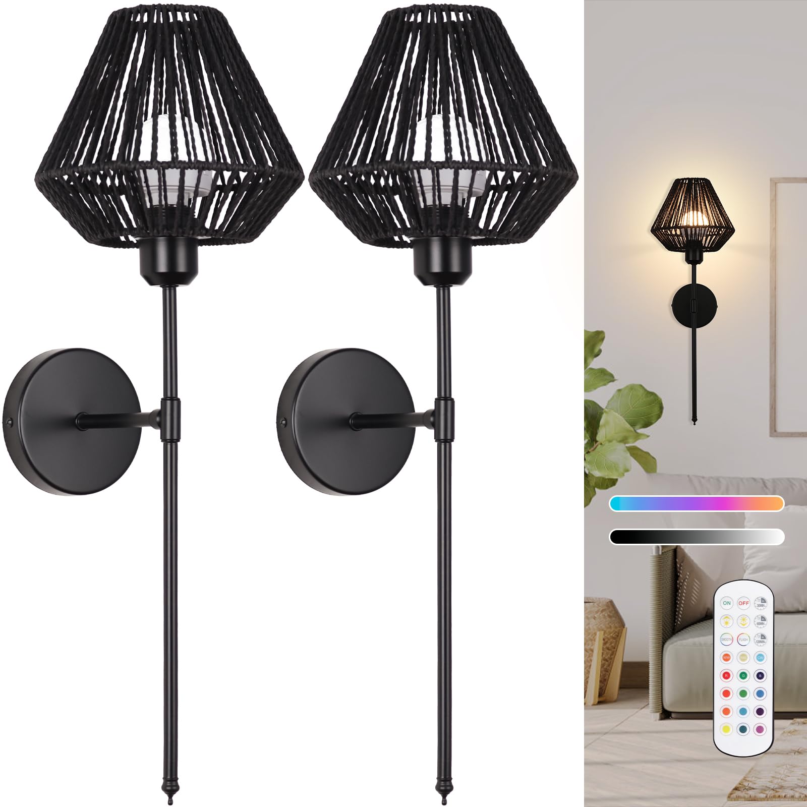 Ovyiech Battery Operated Wall Sconces Set of 2,Rattan Rechargeable Wall Light Dimmable with Remote Control,15 Color Changing and Timer,Boho Wireless