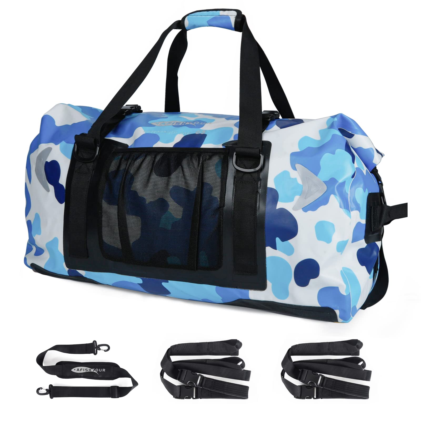 AFISHTOUR 65L Waterproof Duffel Bag for Men and Women - Large Motorcycle Duffle Bag with Straps for Back Seat - Roll Top Dry Bag for Kayaking, Rafting, Boating, Swimming, Camping, Travel, Beach (Blue)