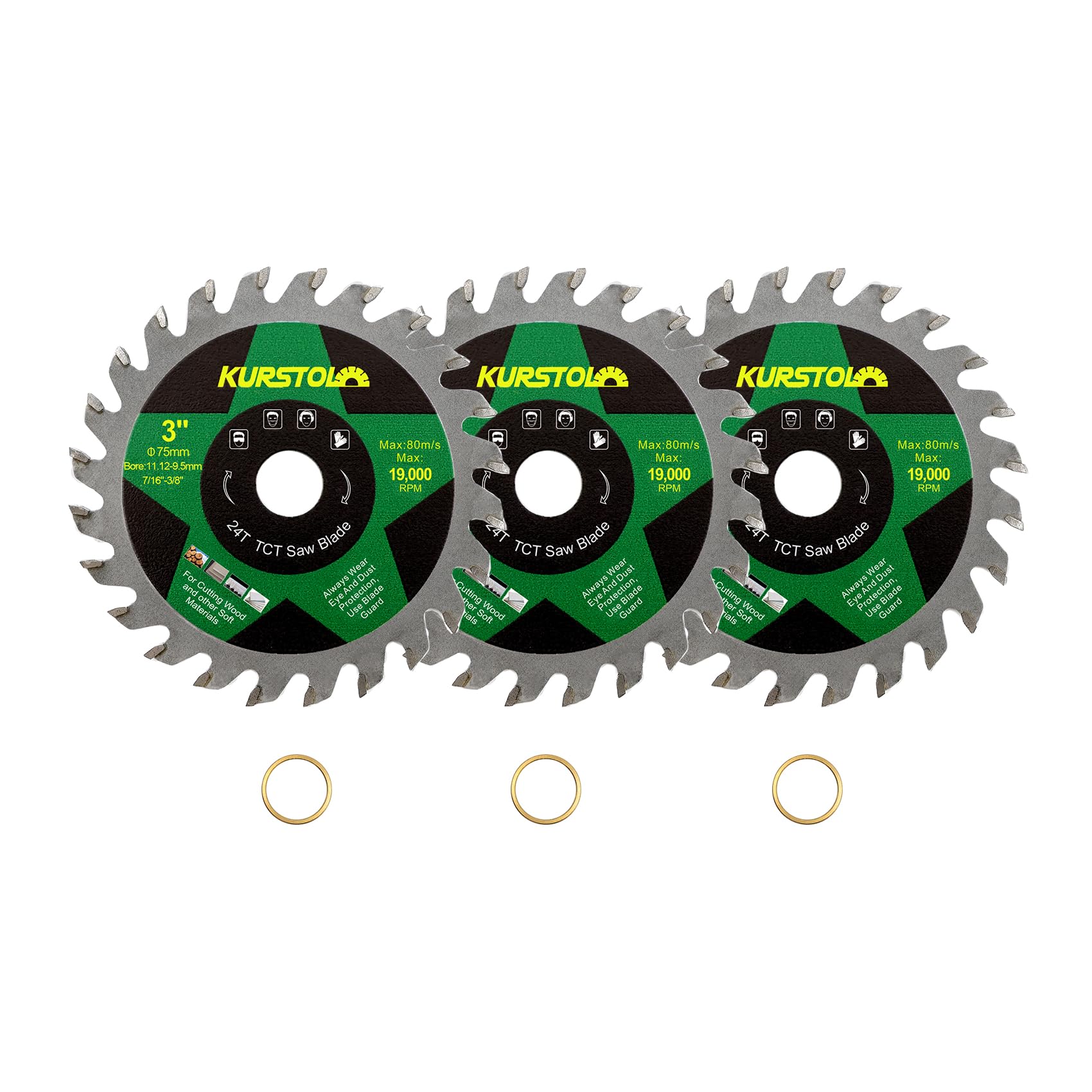 KURSTOL TCT Circular Cutting Blade - 3"(75mm) x 3pcs, 24T, Wood & Plastic, Arbor 7/16"(11.12mm), Washer 3/8"(9.5mm)