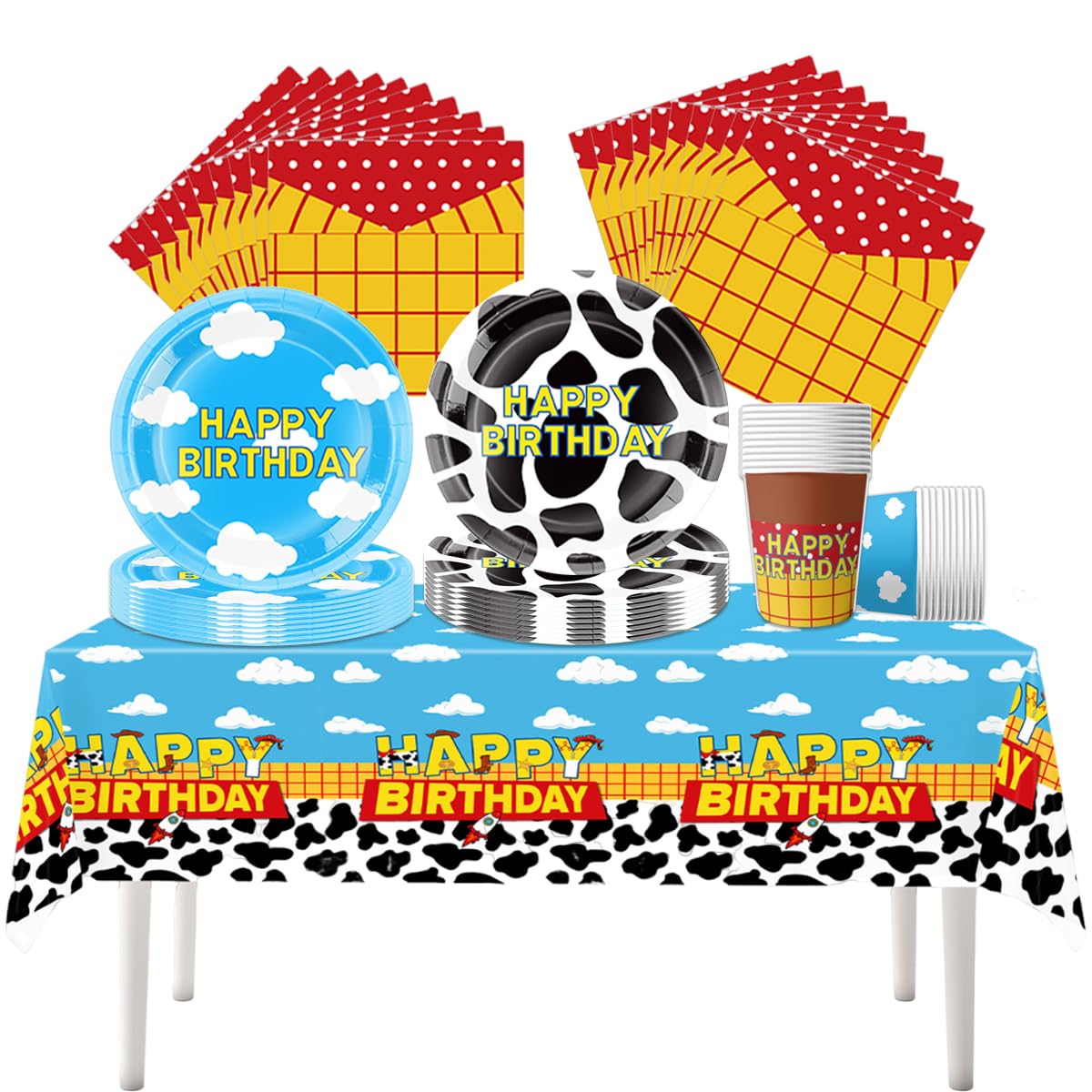 Fuwraixis Cartoon Story party tableware, 61 piece Toy theme birthday decoration cutlery, Clouds party supplies set, Includes paper cups, plates, napkins and tablecloths(20 guests)