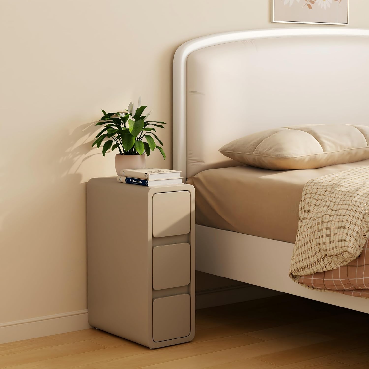 aqimuele narrow bedside table,narrow night stand with drawers,small night stand with leather surface for bedroom 7.9"w beige (3 drawers)