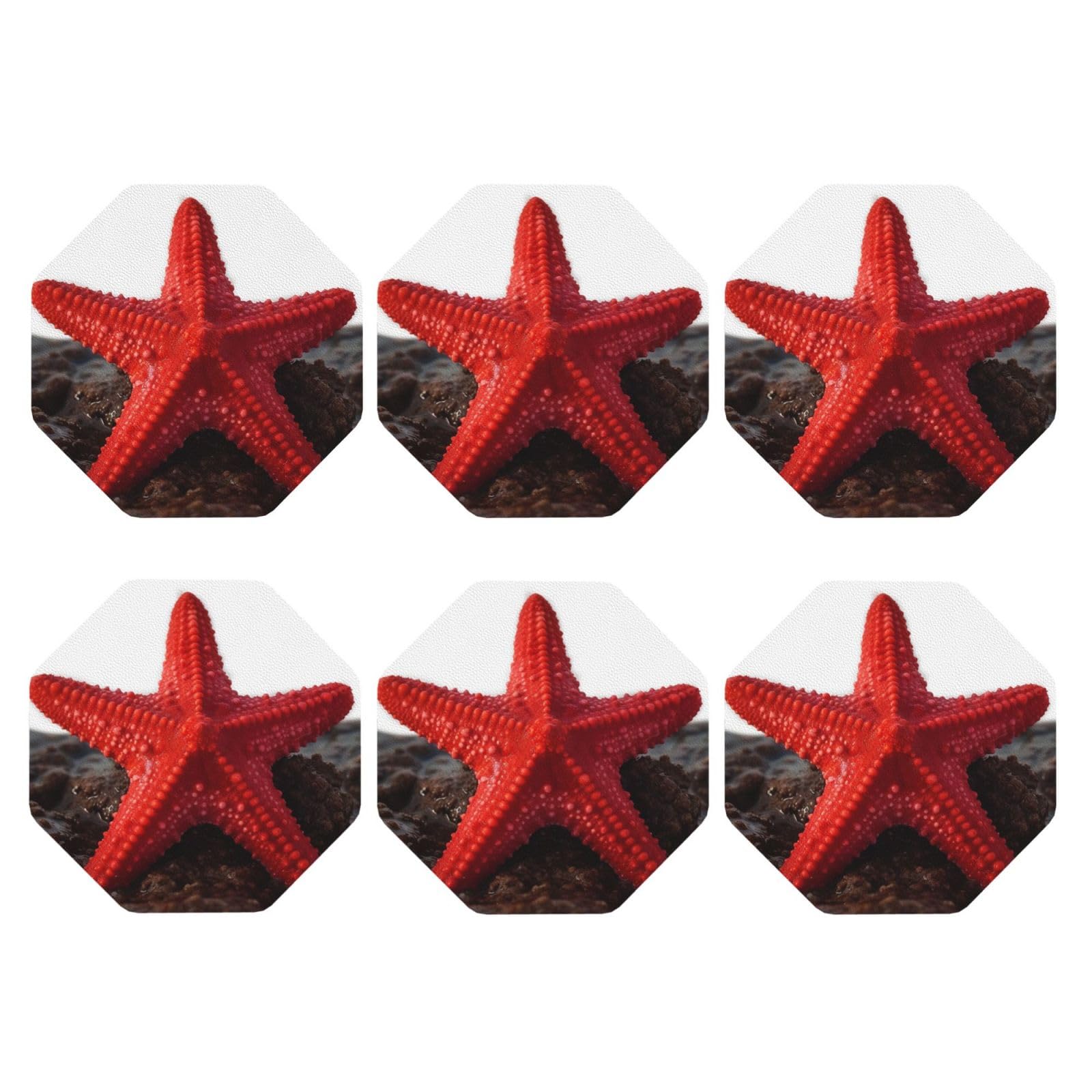 6pcs Leather Coasters for Drinks, Red Starfish Drink Coasters for Tabletop Protection, 4" Cup Coasters for Coffee Table Decor, Non-Slip Drinking Cup Mat for Hot Or Cold Drink