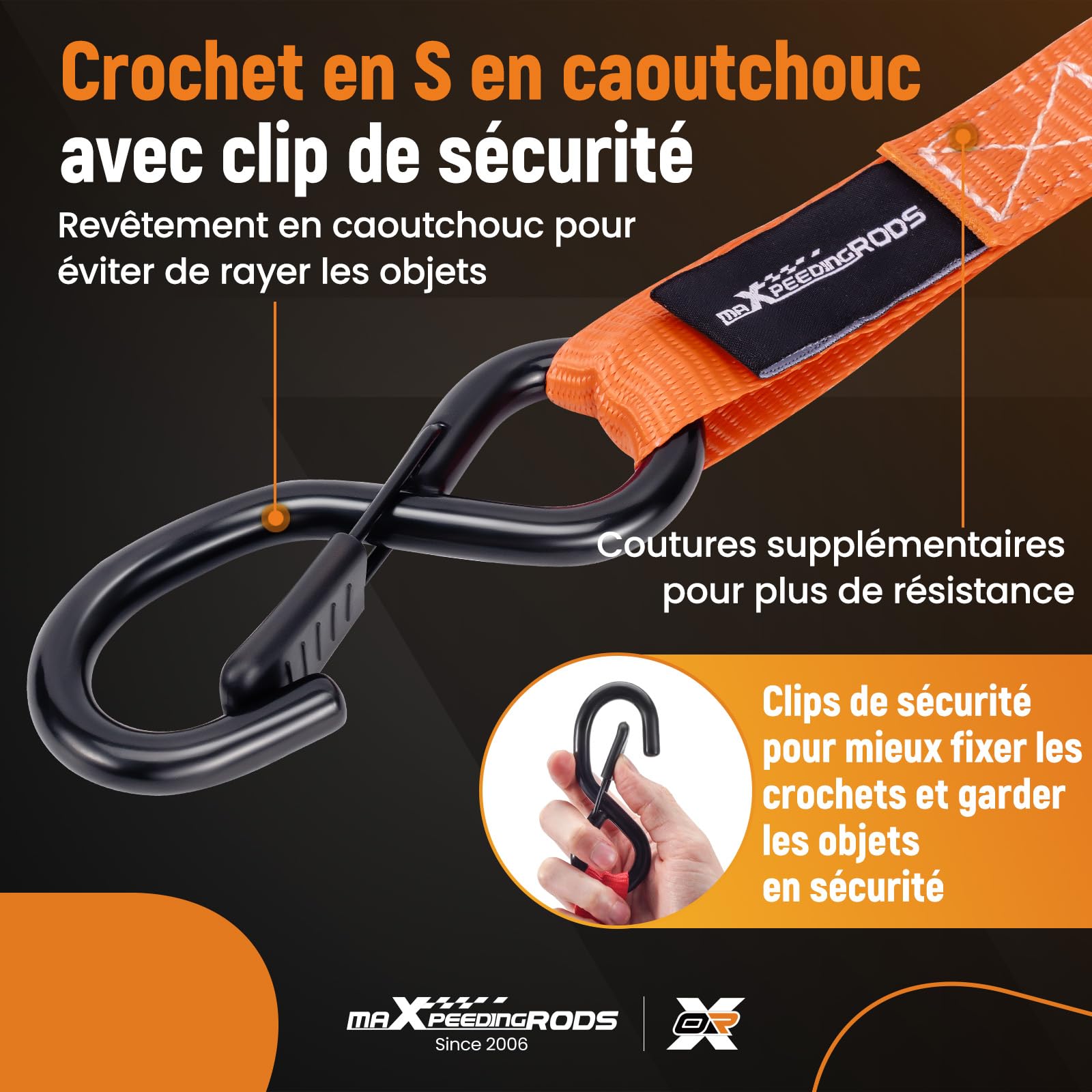 maXpeedingrods 4 x997 kg Sangles d'arrimage Sangle à Cliquet de 4,5m Orange | avec Crochet en S à Clip de Sécurité, en 12195-2