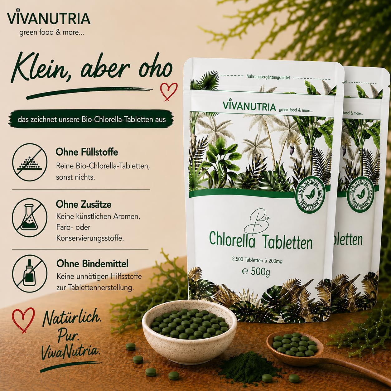 VivaNutria Bio Chlorella Tabletten 1000g | 5000 Presslinge | 100% reine Bio Algen-Tabletten ohne Zusätze | 6-Monats-Packung | hochdosiert | biozertifiziert | Zip-Beutel | vegan