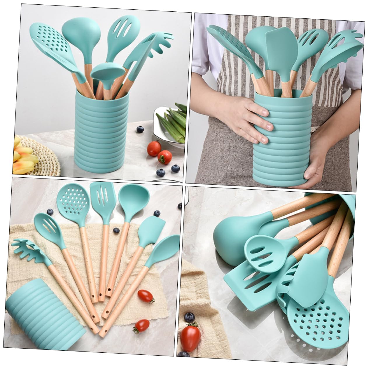 1satz Teiliges Küchenutensilien-Set Holzgriff Hitzebeständig Und Antihaftbeschichtet Für Sicheres Kochen Cyan Inkl Spatel Löffel Und Teigschaber