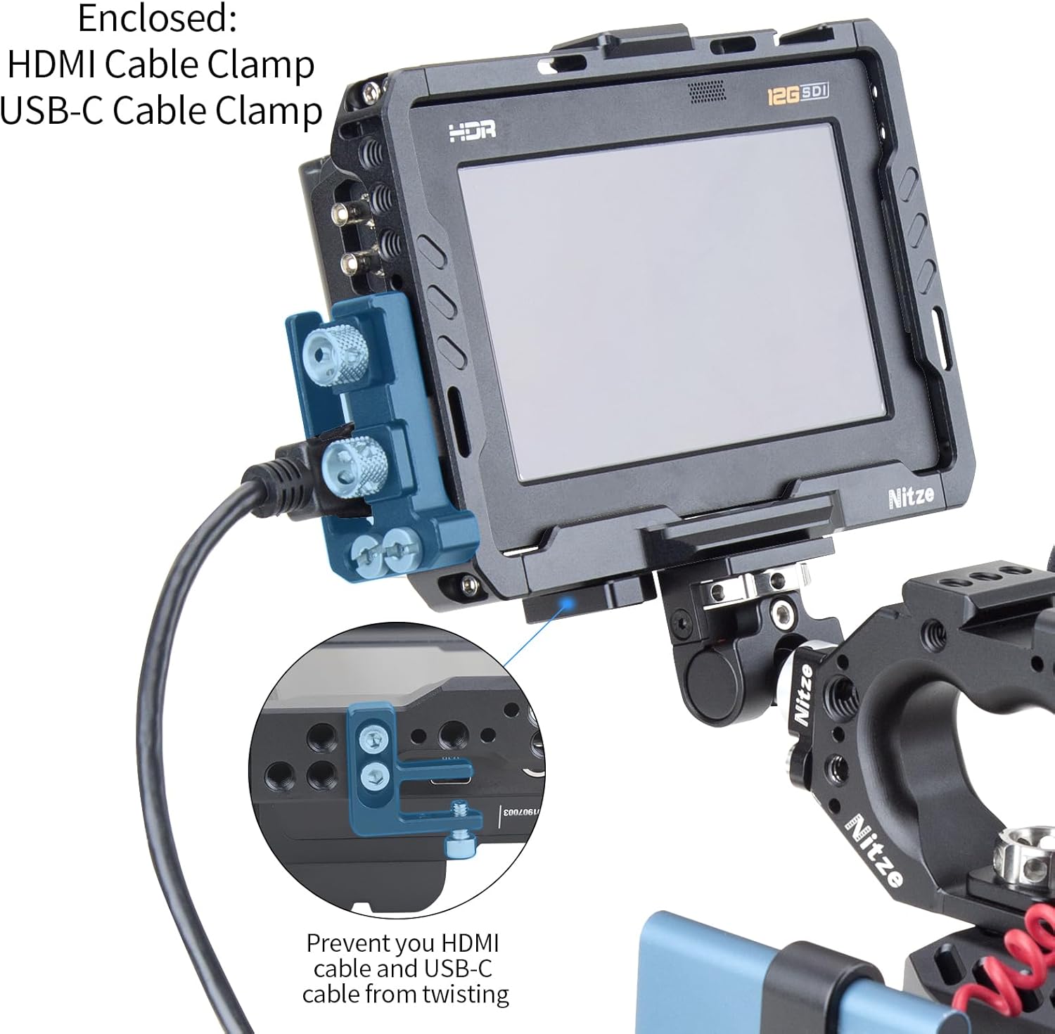 Nitze Monitor Cage for Blackmagic Video Assist 5" 12G / 3G, with HDMI and USB-C Cable Clamps - JT-B01A
