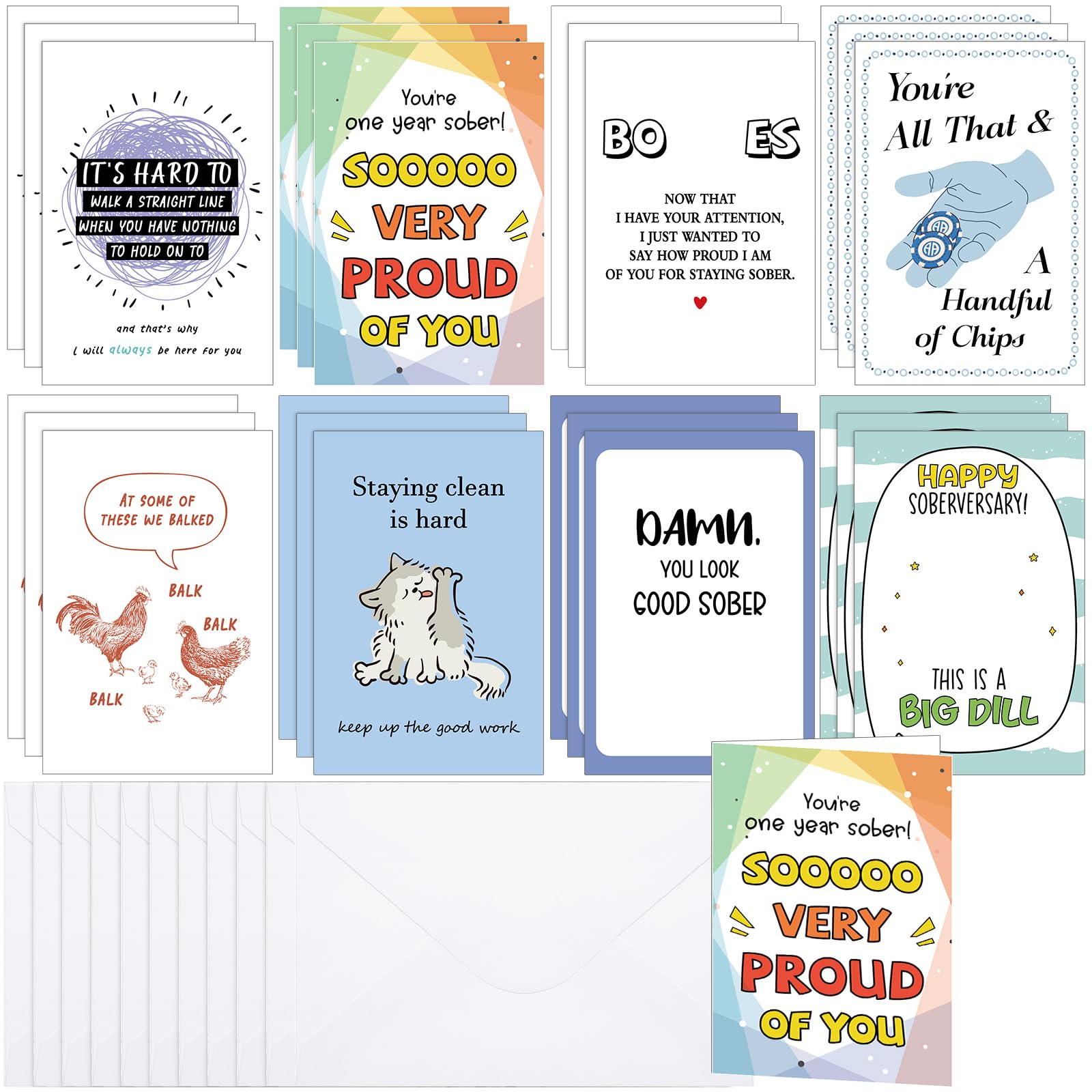 Motiskyy Paquete de 24 tarjetas y sobres divertidos de sobriedad de 4 x 6 pulgadas, regalos de sobriedad, motivación, tarjetas de aniversario sobriedad, tarjeta de cumpleaños para hombres y mujeres,