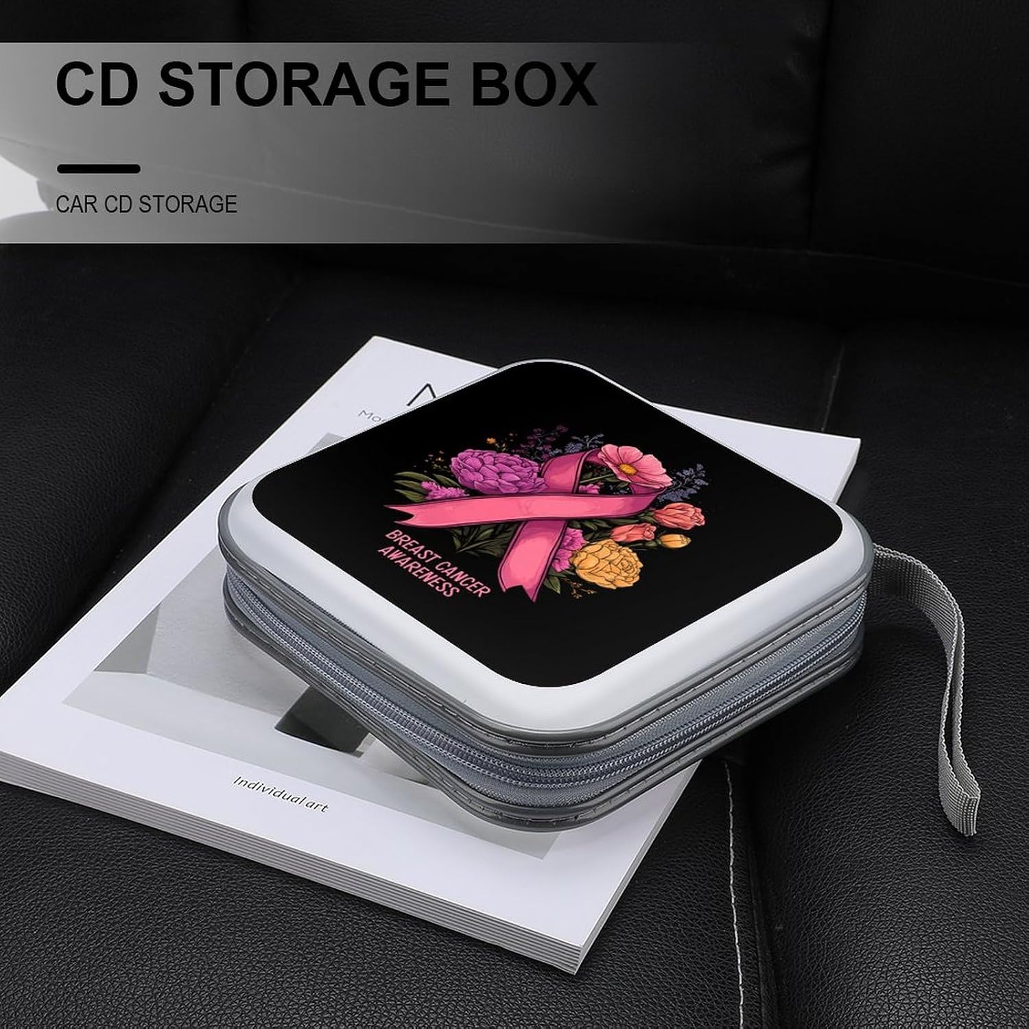 Breast Cancer Ribbon Awareness CD Case Portable DVD Storage Box CD Wallet Holder Binder Organizer for Car Home