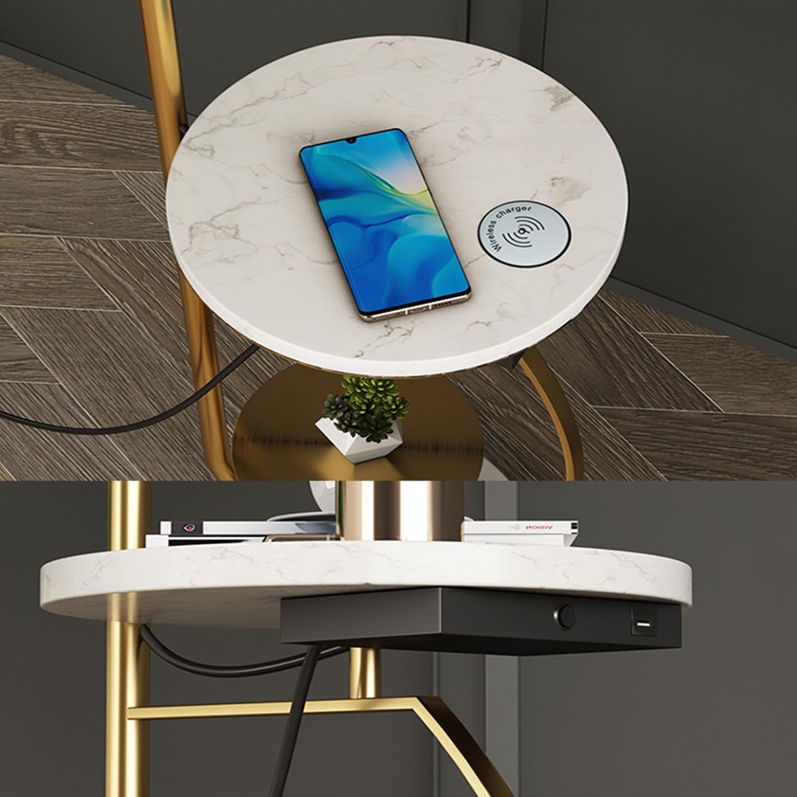 Nowoczesna lampa podłogowa ze stołem, lampa podłogowa do salonu z bezprzewodową stacją ładującą, żarówka LED 3 kolory, nowoczesna i elegancka z dekoracją stołu
