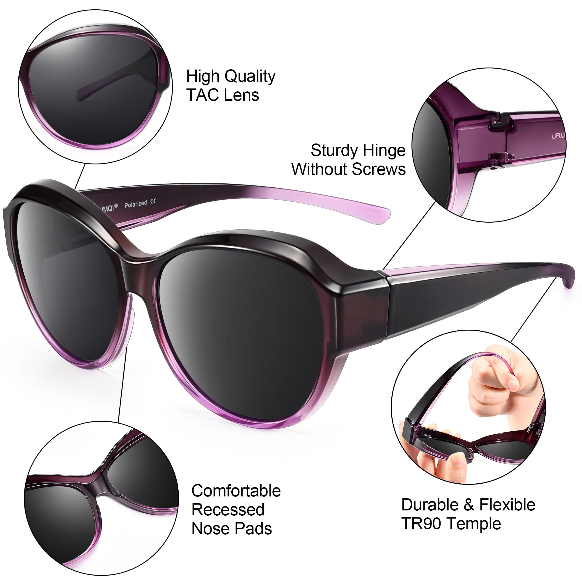 URUMQI Sonnenbrille für Brillenträger Damen Überzieh Sonnenbrille UV400 Schutz Blendschutz Polarisierte Fit over Brille Ultra Leicht Katzenauge Lila Rahmen