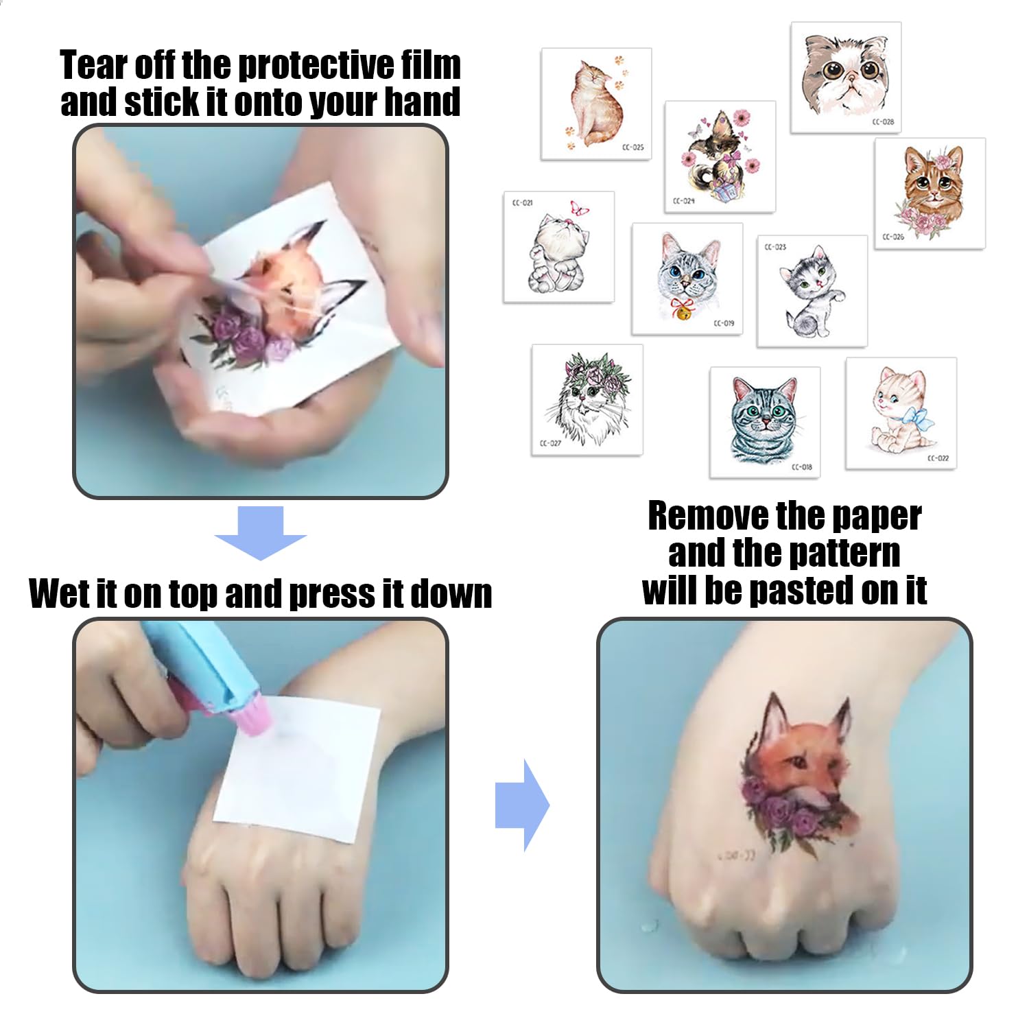 20 Tatuaggi Temporanei Per Bambini | Adesivi Di Gatti Cartoni Animati 6x6 Cm, Facili E Sicuri