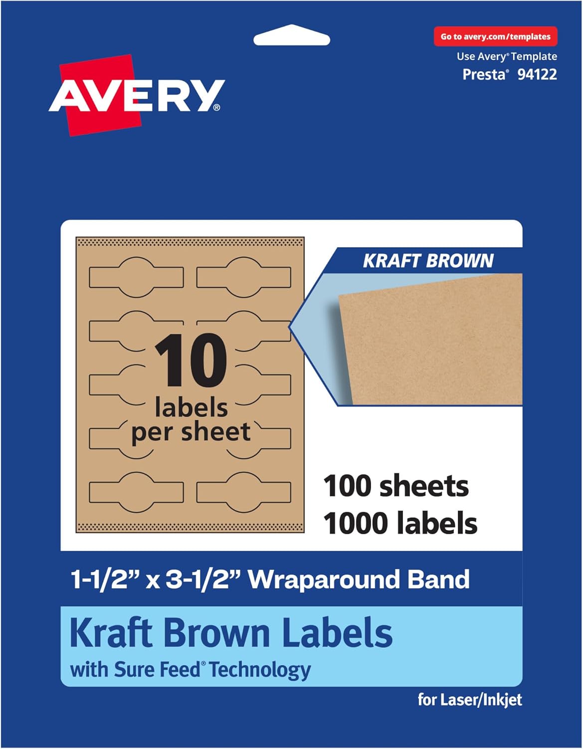 Avery Kraft Brown Wraparound Band Labels, Sure Feed Technology, 1.5" x 3.5", Cigar Band Labels, 1,000 Total, Print-to-The-Edge, Laser/Inkjet Printable