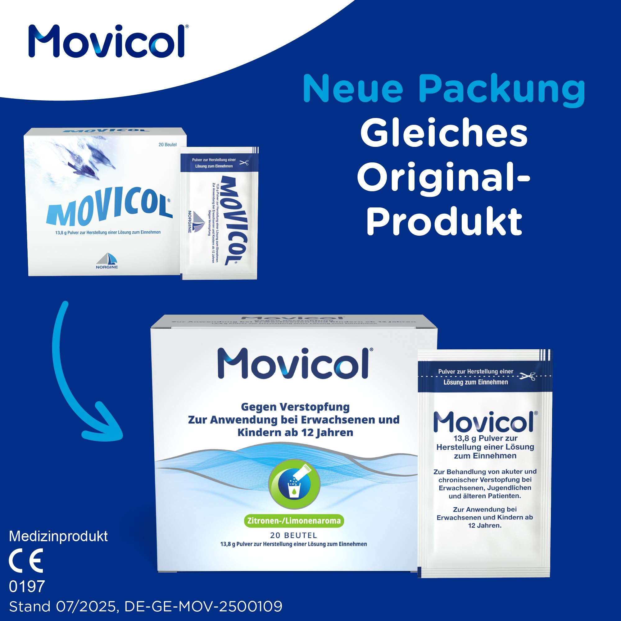 Movicol® Dosierbeutel; Zitrone/Limone, 50 Beutel, gegen Verstopfung bei Erwachsenen & Kindern ab 12 Jahren, Abführmittel, hydratisiert, weicht den Stuhl auf & regt so die natürliche Darmbewegung an