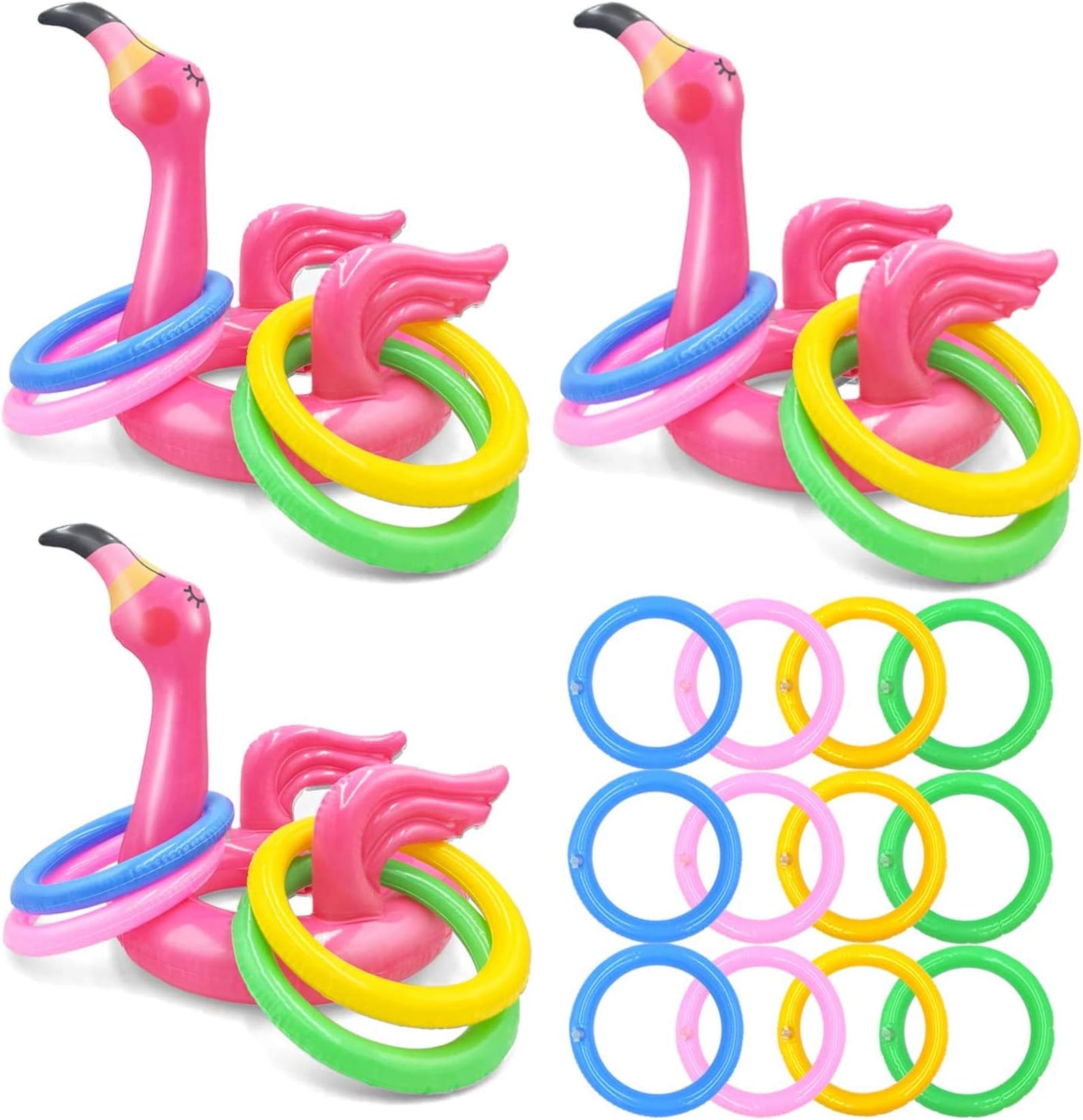DELFINO 3 Pack Inflatable Flamingo Ring Toss Game with Rings Swimming Pool Beach Party Games for Summer Party Supplies (3 Flamingo and 12 Rings)