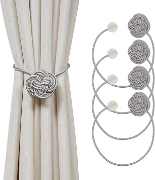 Strong Magnetic Curtain Tiebacks, 4 Pack Curtain Tie Modern Window Decorative Tie Backs for Curtains Rope Outdoor Holder for Sheer Blackout Drapes, Silver Grey