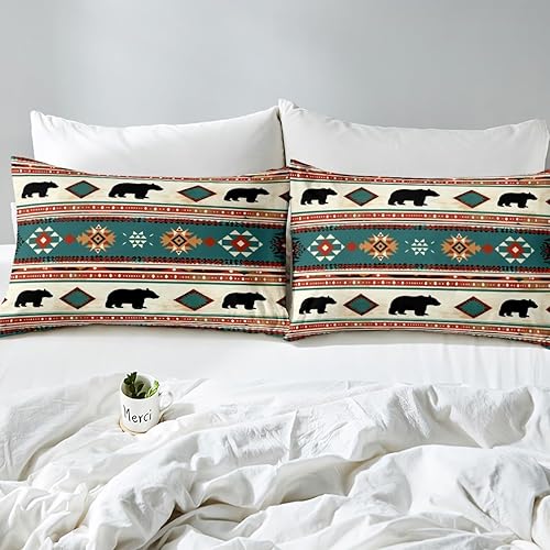 Miniatura 4 de Manfei Juego de funda de edredón de oso rústico, tamaño matrimonial, funda de edredón tribal étnica verde azulado con 2 fundas de almohada, juego de