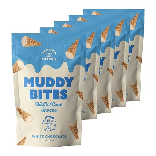 Muddy Bites Waffle Cone Snacks Bite Sized Chocolate Filled Waffle Cones for Snack or Dessert, Ice Cream Topping, Premium Chocolate made with Pure Cane Sugar, Non-GMO, Kosher (White Chocolate, 5 Bags) - White Chocolate - 2.33 Ounce (Pack of 5)