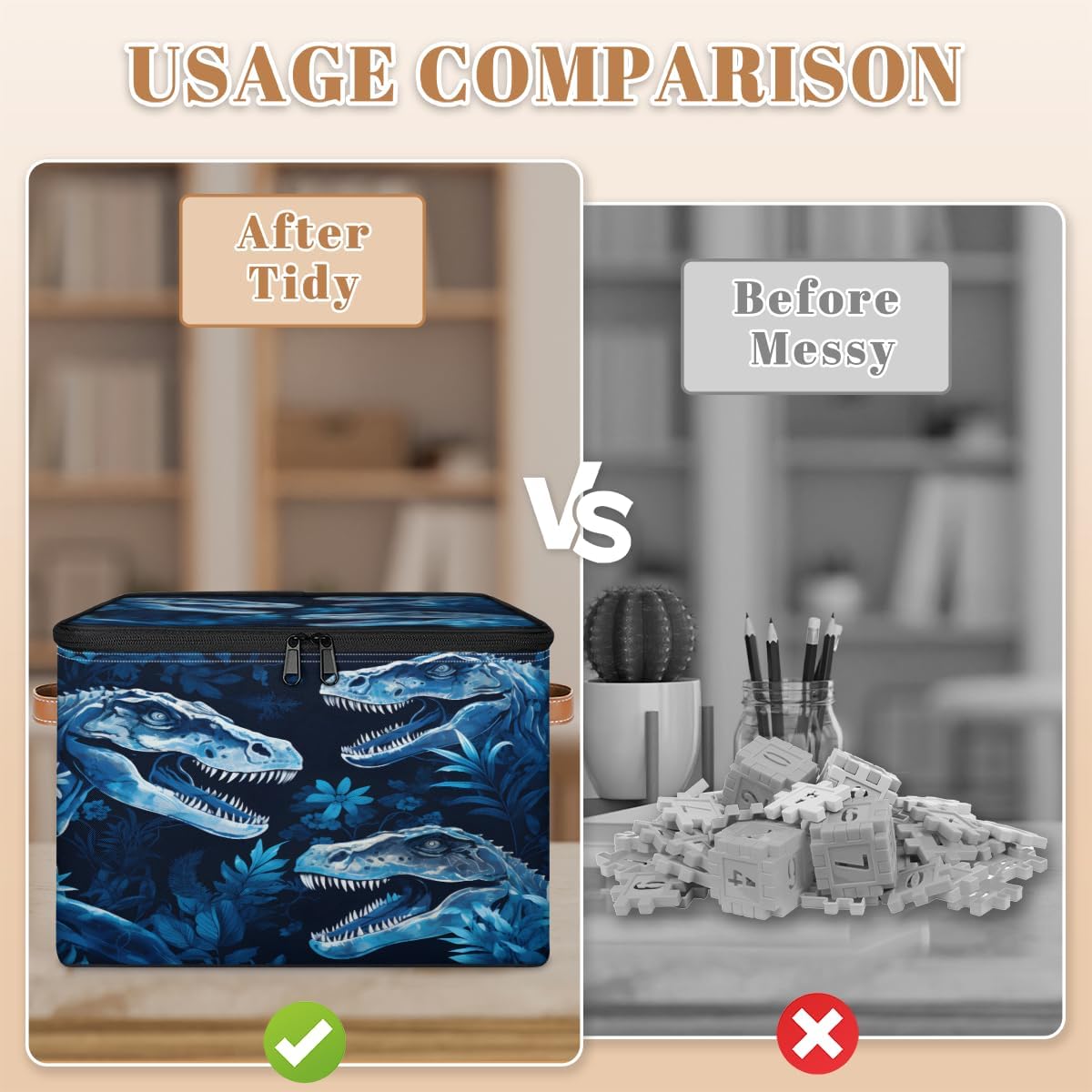 Storage Bin Set of 2 Dinosaur Forest Storage Basket with Zipper Lid & Handle Foldable Closet Shelf 2 Pack Cloth Organizer Basket Cube Bins Clothes Organizer for Bedroom, Nursery