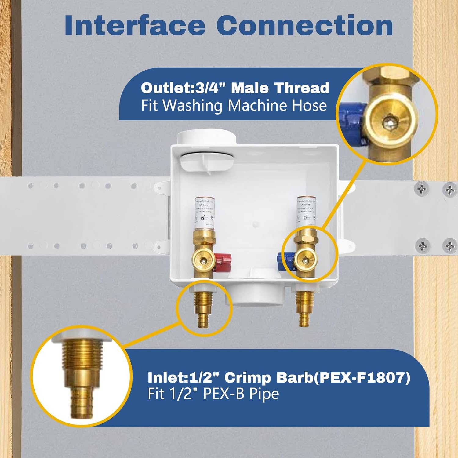 5-PACK GUOFIS Washing Machine Outlet Box with Copper Water Hammer Arrestor, PEX Laundry Washer Box with Central and Side Drain Design(1/2"PEX Crimp Connection Inlet X 3/4"MHT Outlet)(WM012-5Pack)