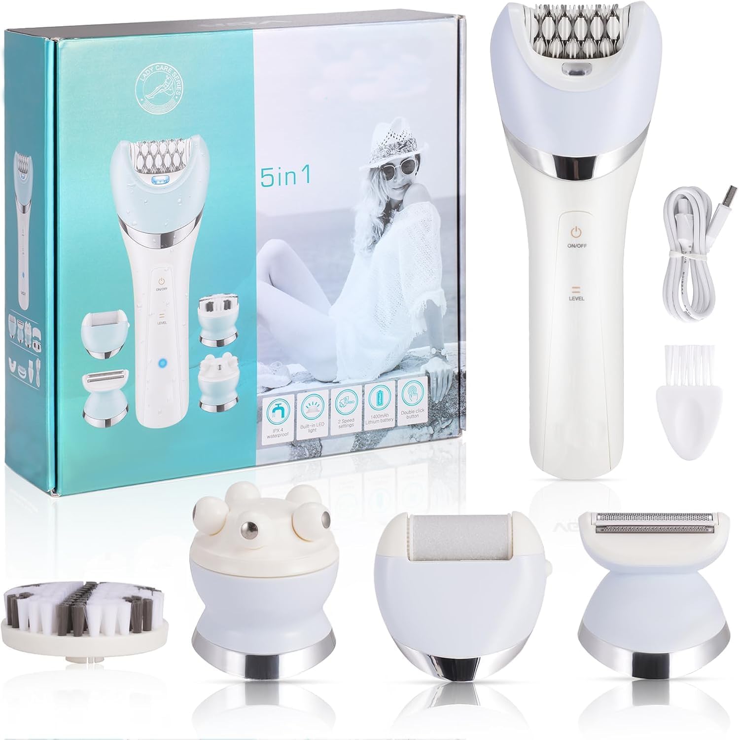 Epilateur Electrique Femme, 5 en 1 Rasoir Electrique sans Fil Rechargeable avec 2 Vitesses pour les Jambes et le Corps épilation, Épilateur électrique avec Exfoliant, Nettoyage et Massage du Visage