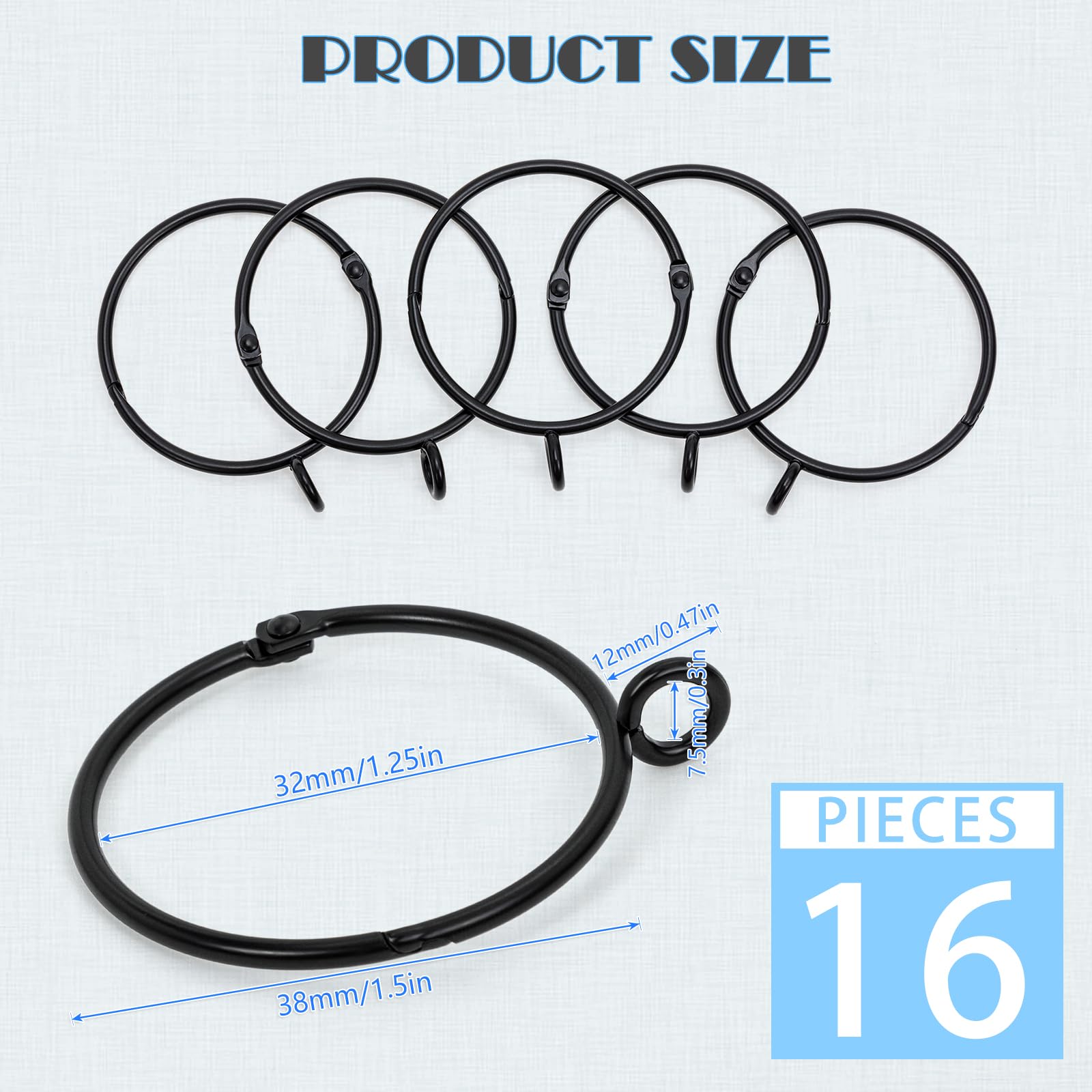 OOTSR 16 PCS Black Curtain Rings with Eyelet, 1.25
